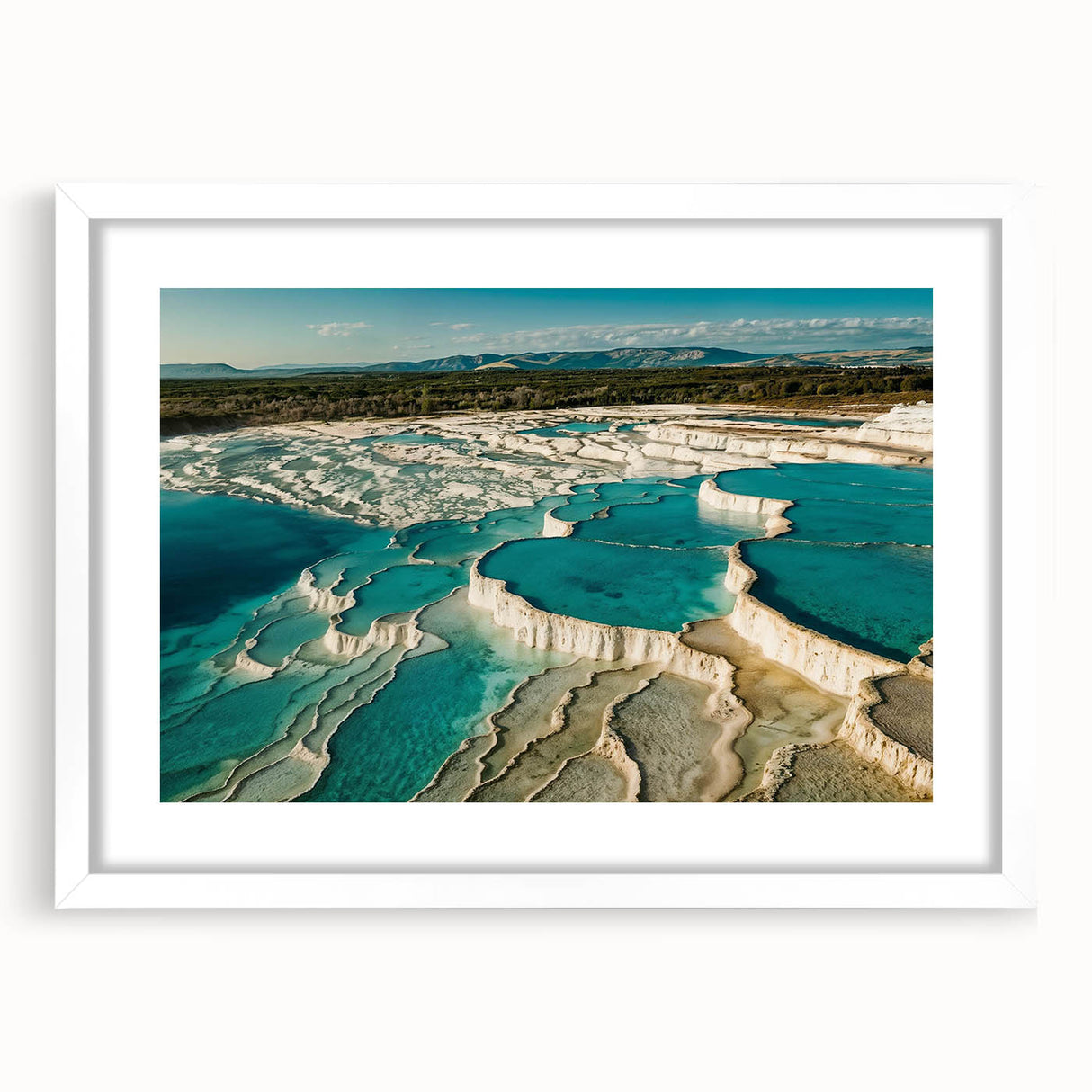 Framed wall art collection showcasing serene hot spring landscapes, featuring a white mat and elegant frame, perfect for home decor in a calming setting.