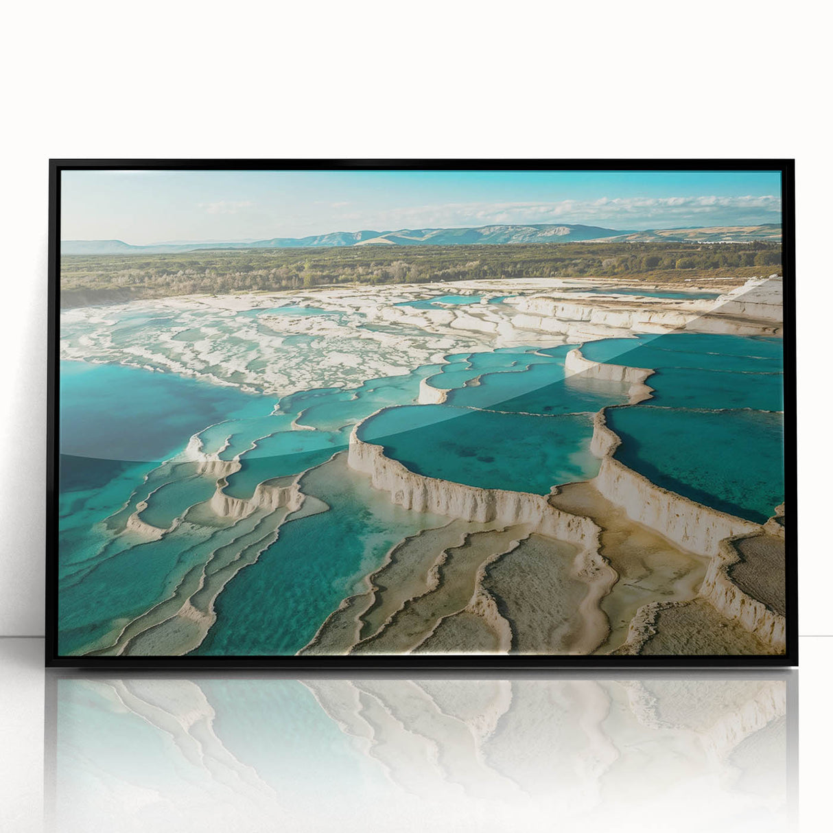 Framed wall art collection showcasing a serene hot spring landscape in vibrant colors, featuring a sleek black frame, perfect for modern home decor.