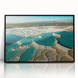 Framed wall art collection showcasing a serene hot spring landscape in vibrant colors, featuring a sleek black frame, perfect for modern home decor.