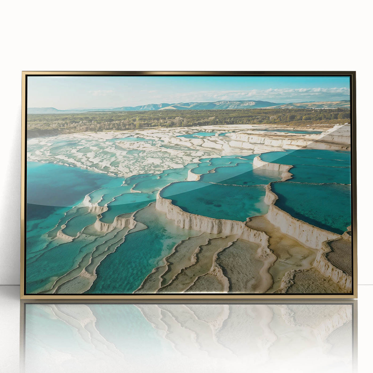 Framed wall art featuring a serene hot spring landscape with vibrant colors, gold accents, and a modern design, perfect for enhancing contemporary interiors.