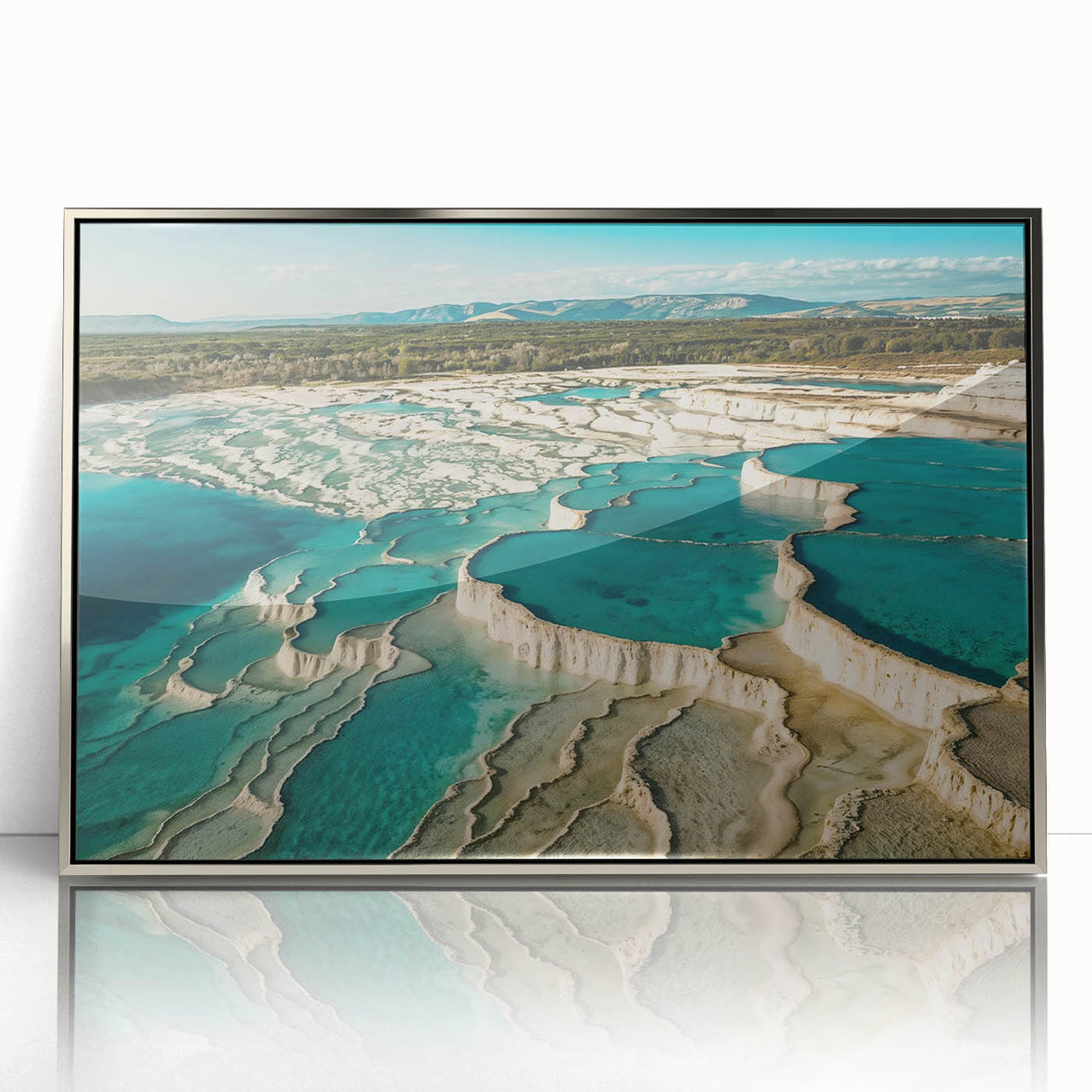 Framed acrylic wall art featuring a serene hot spring landscape design, showcasing vibrant natural colors and a silver frame, ideal for modern decor.