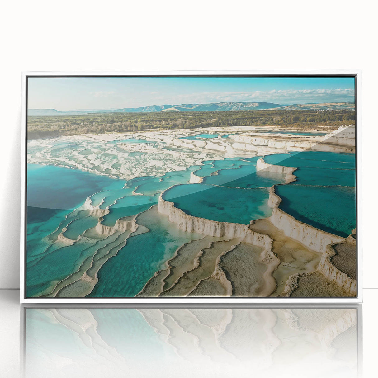 Framed acrylic wall art showcasing a serene hot spring landscape scene, featuring vibrant colors and intricate details, perfect for enhancing home decor.