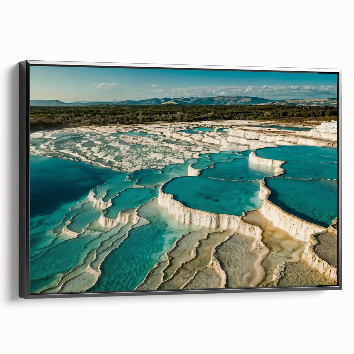 Framed canvas wall art showcasing a serene hot spring landscape design in vibrant colors, with a sleek black frame, ideal for enhancing home decor.