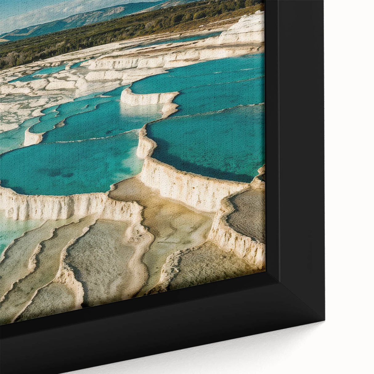 Vibrant framed canvas wall art showcasing a serene hot spring landscape with lush greenery and crystal-clear water, perfect for home decor and relaxation.