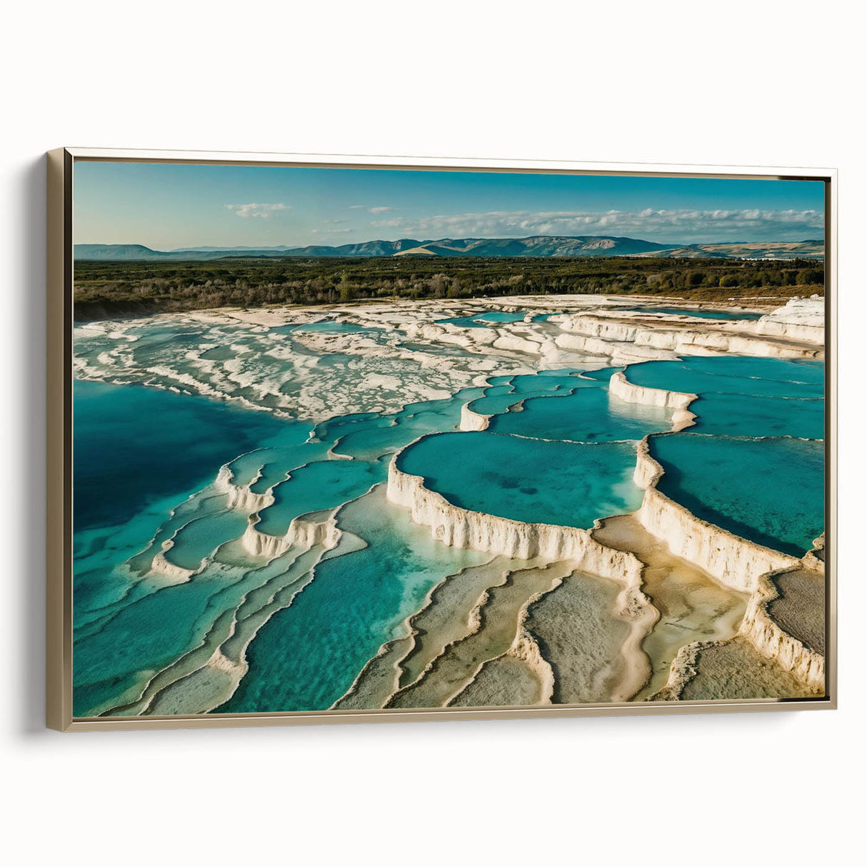 Framed canvas wall art showcasing a serene hot spring landscape with lush greenery and vibrant colors, designed to elevate home decor with a touch of tranquility.