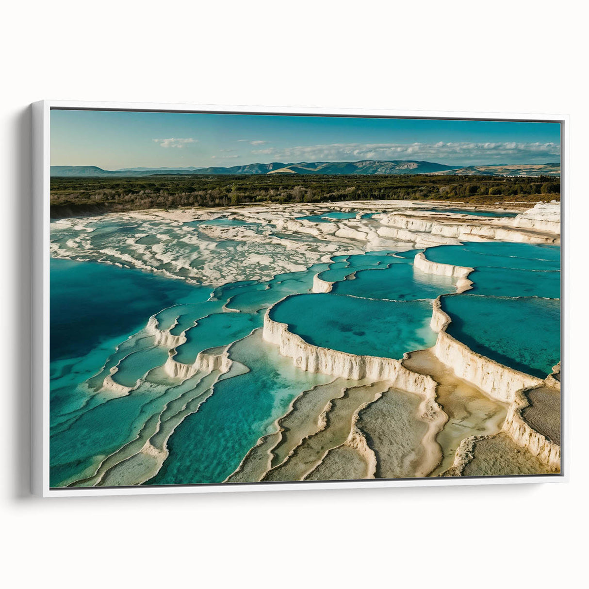 Framed canvas wall art showcasing a serene hot spring landscape design, featuring lush greenery and calming water hues, perfect for enhancing home decor.