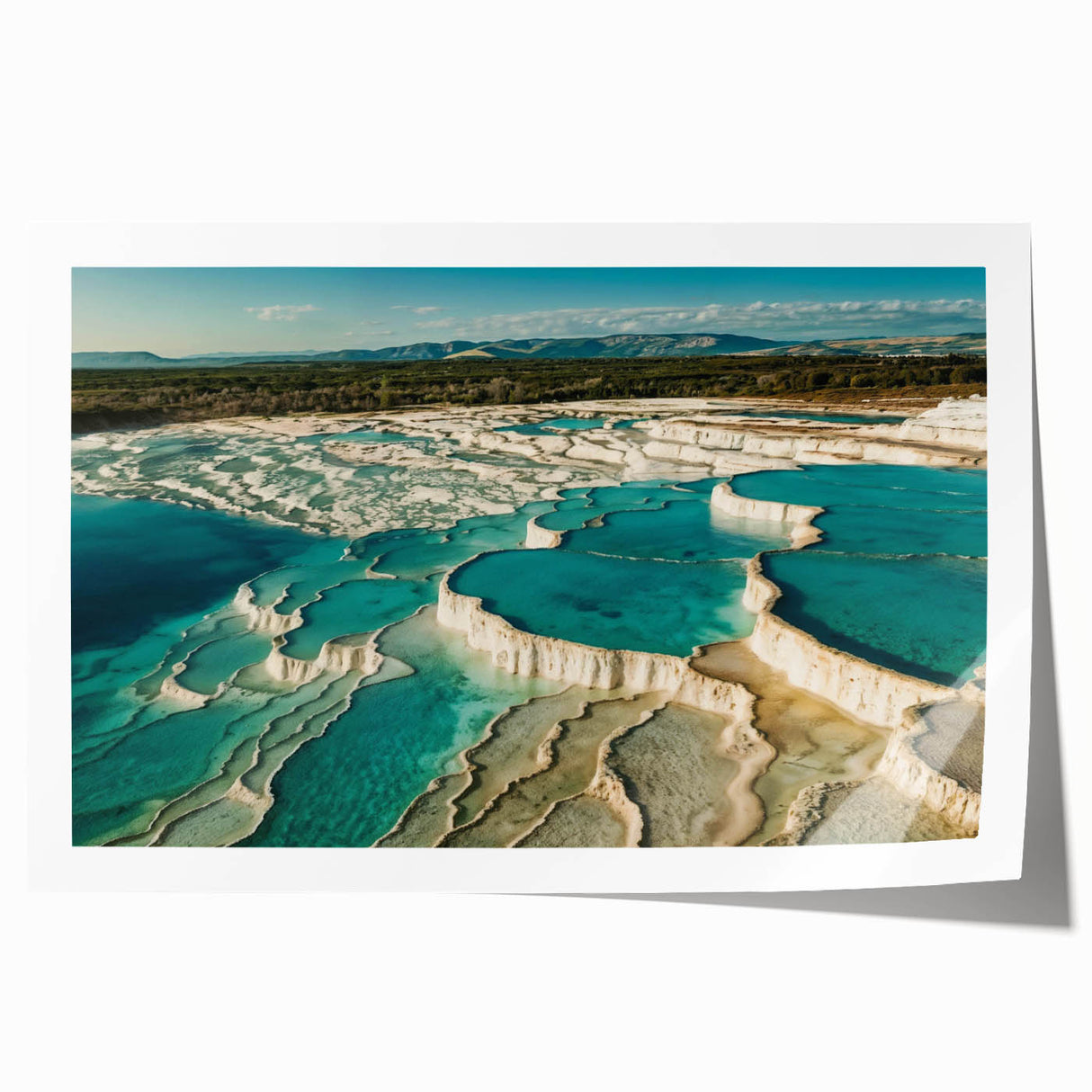 Vibrant rolled print of a serene hot spring landscape, showcasing lush greenery and tranquil waters, ideal for enhancing home decor with a nature-inspired theme.