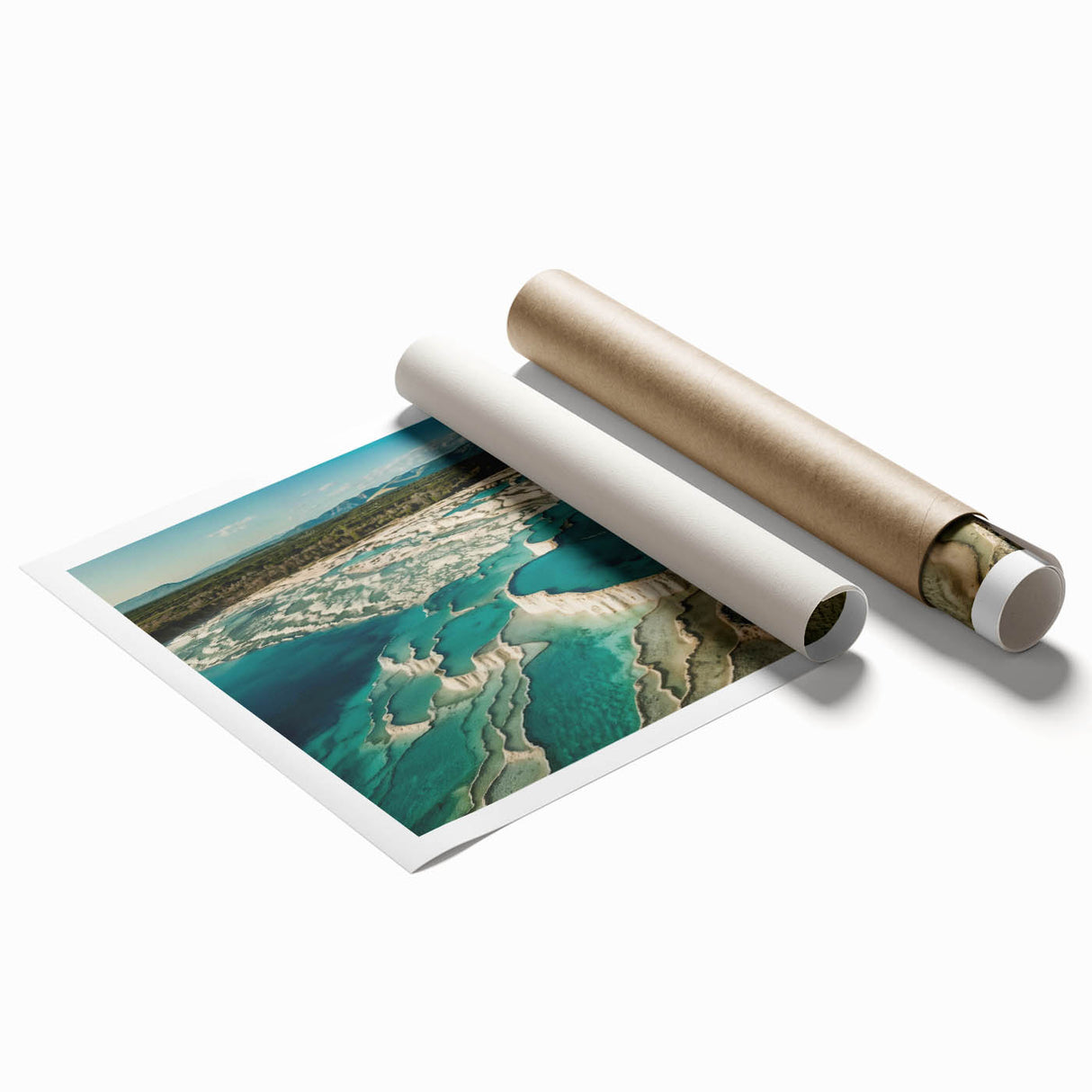 Vibrant rolled print of a serene hot spring landscape design, showcasing lush greenery and tranquil waters, perfect for enhancing home decor aesthetics.