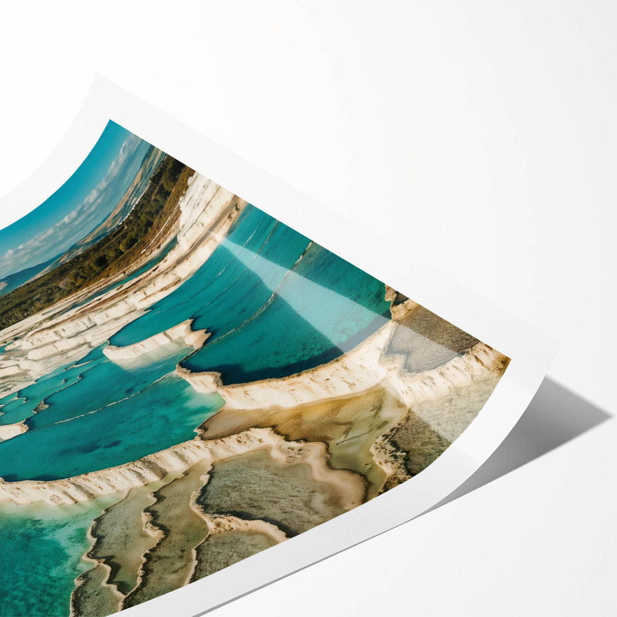 Vibrant wall art print showcasing a serene hot spring landscape design, featuring lush greenery and tranquil water, rolled and ready for display.