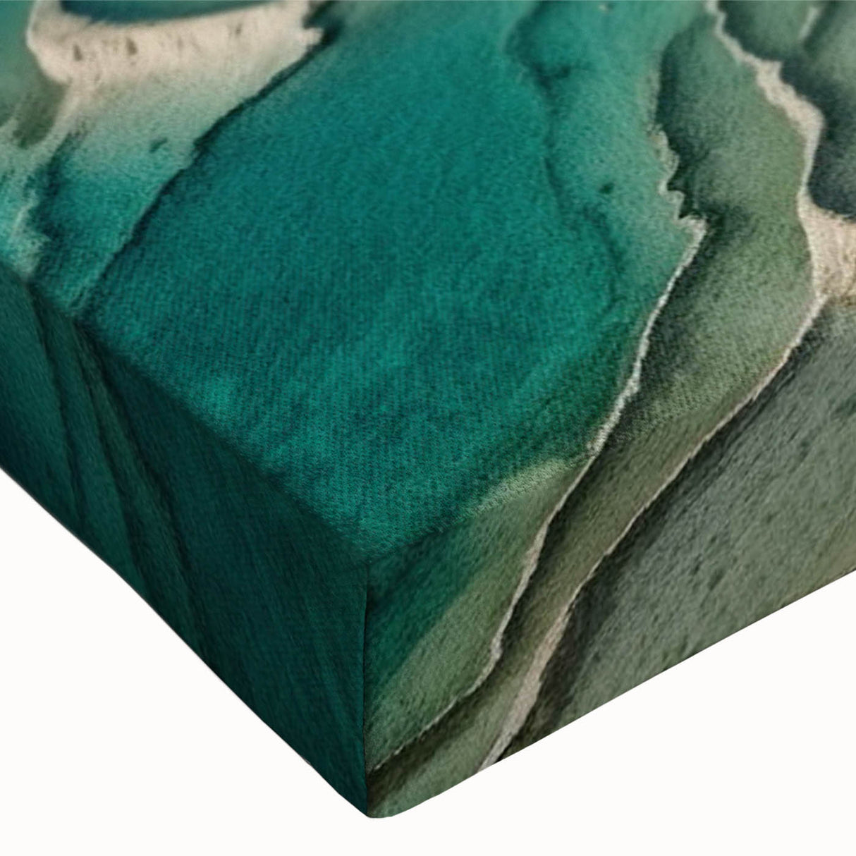 Close-up of a vibrant stretched canvas featuring a serene hot spring landscape design with lush greenery and tranquil water, perfect for home decor.