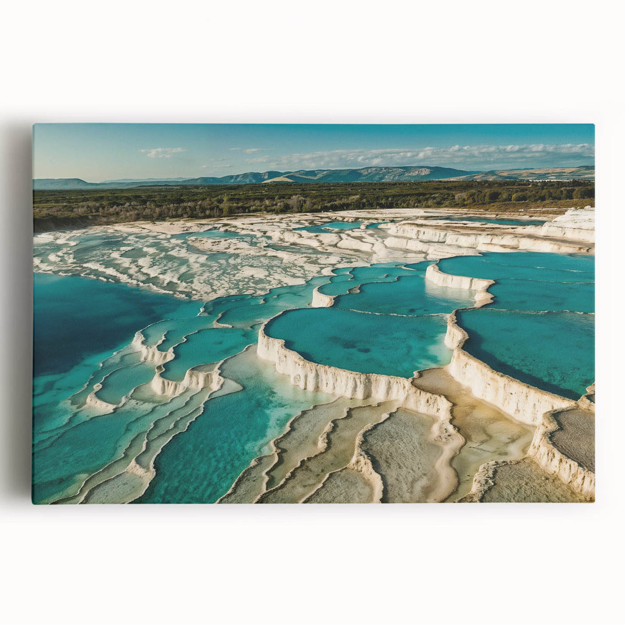 Vibrant stretched canvas wall art depicting a serene hot spring landscape, featuring lush greenery and tranquil water, perfect for enhancing any living space decor.