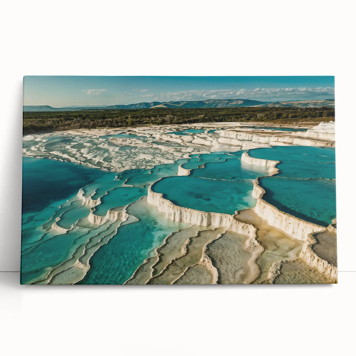 Stretched canvas art showcasing a serene hot spring landscape, featuring vibrant greens and blues, ideal for home décor or wellness-inspired spaces.