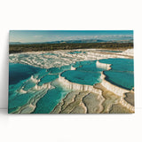 Stretched canvas art showcasing a serene hot spring landscape, featuring vibrant greens and blues, ideal for home décor or wellness-inspired spaces.