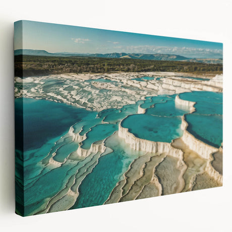 Stretched canvas wall art showcasing a serene hot spring landscape, featuring vibrant colors and intricate details, perfect for home decor and relaxation themes.