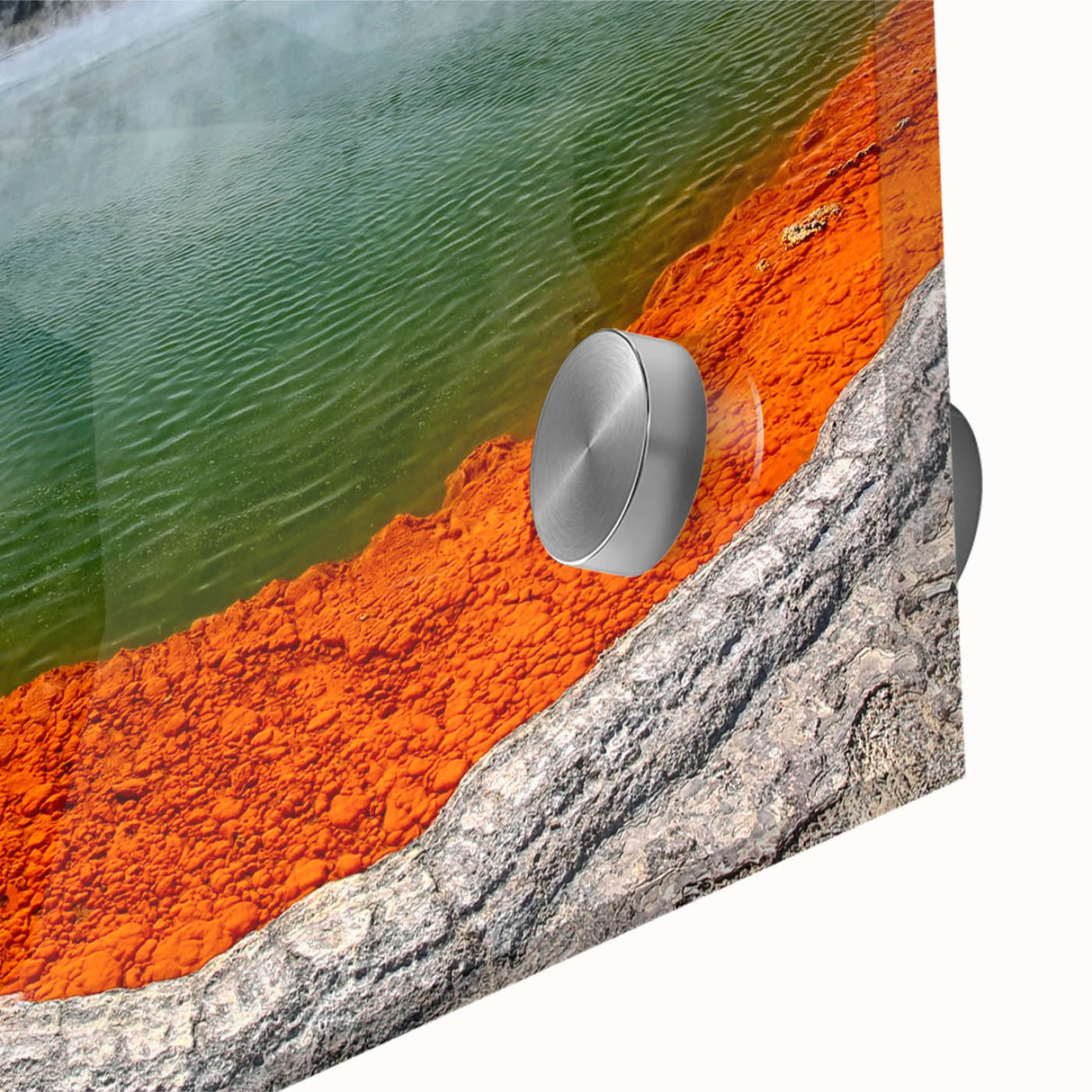 Close-up of a vibrant acrylic wall art piece showcasing a serene hot spring landscape, featuring rich greens and blues that evoke tranquility, perfect for modern home decor.