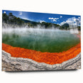 Acrylic glass wall art showcasing a serene hot spring landscape design, featuring vibrant colors and intricate details, mounted with pins for easy display.
