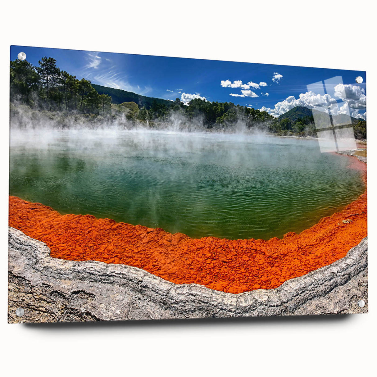 Acrylic glass wall art showcasing a serene hot spring landscape design, featuring vibrant colors and intricate details, mounted with pins for easy display.