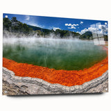 Acrylic glass wall art showcasing a serene hot spring landscape design, featuring vibrant colors and intricate details, mounted with pins for easy display.