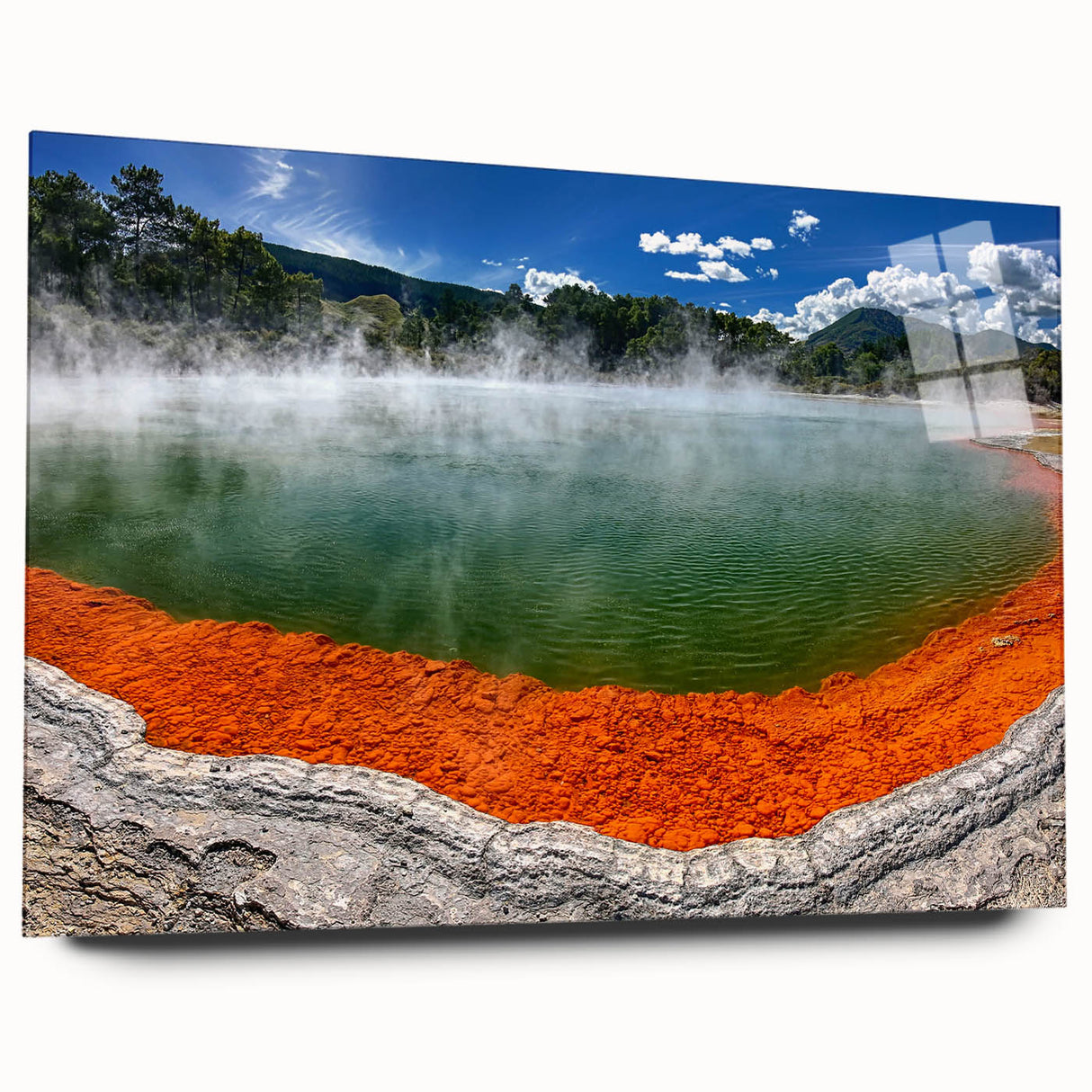 Acrylic glass wall art showcasing a serene hot spring landscape design, featuring vibrant colors and intricate details, perfect for home decor enhancement.