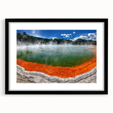 Framed wall art featuring a serene hot spring landscape design, with a sleek black frame and mat, enhancing any modern decor with a touch of tranquility.
