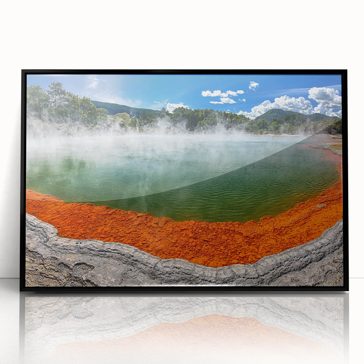 Framed acrylic wall art showcasing a serene hot spring landscape design with vibrant colors, perfect for home decor, enhancing relaxation and tranquility.