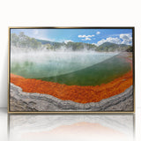 Framed wall art showcasing a serene hot spring landscape design with vibrant colors and gold accents, perfect for enhancing modern home decor.