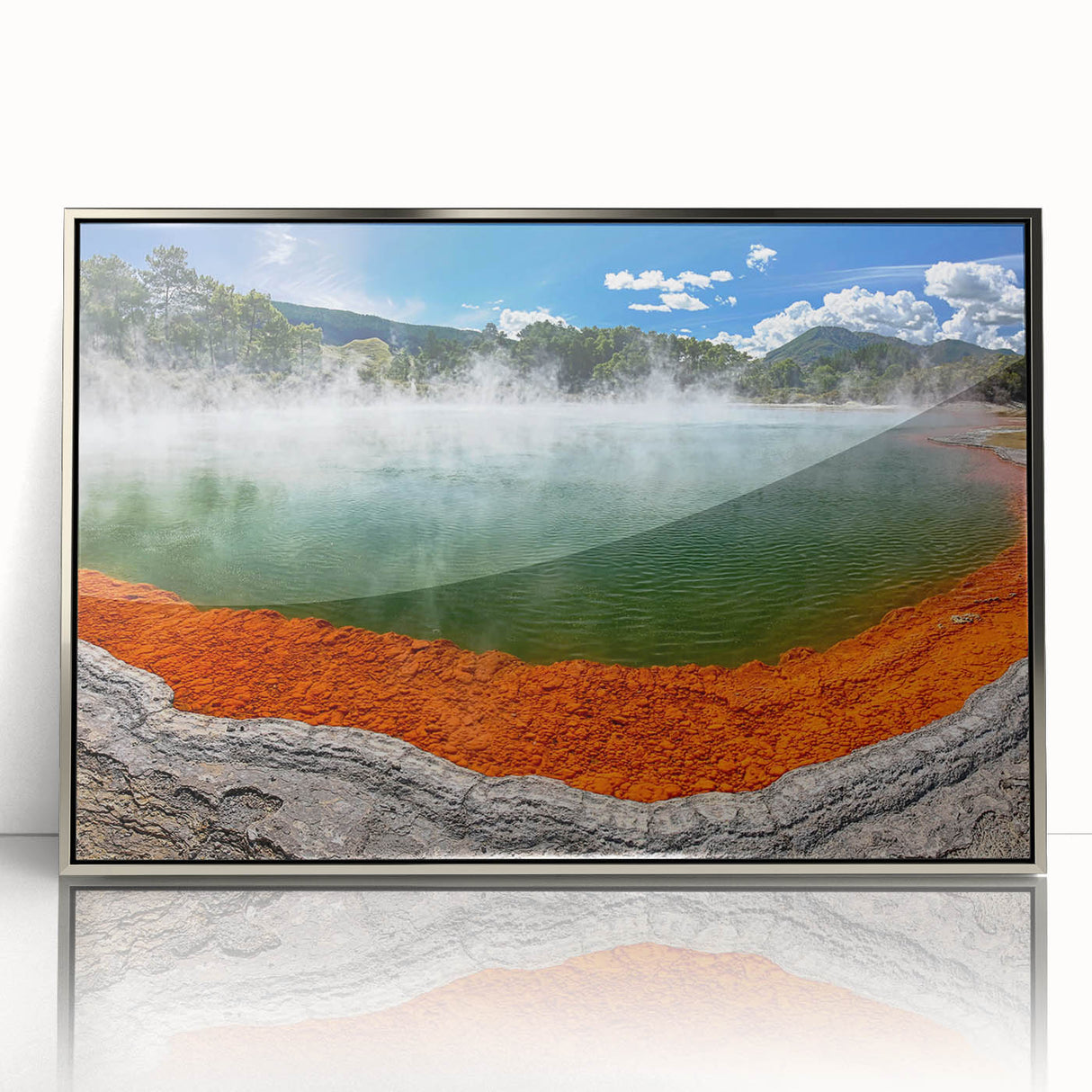 Framed acrylic wall art featuring a serene hot spring landscape design, showcasing vibrant colors and intricate details, perfect for enhancing home decor.