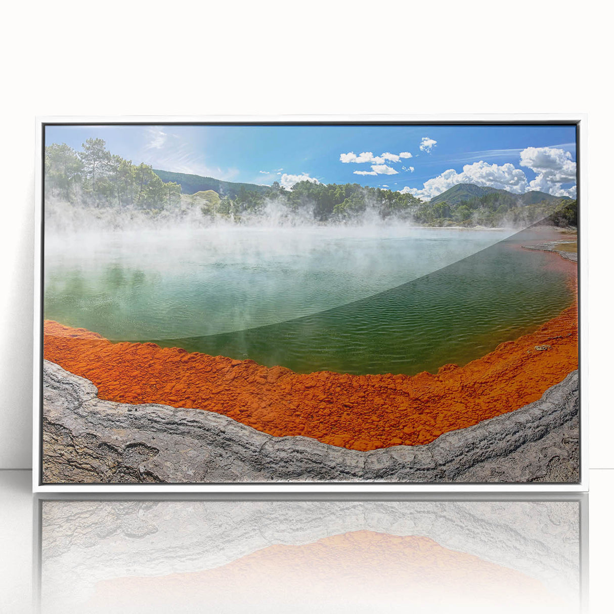 Framed acrylic wall art showcasing a serene hot spring landscape design, featuring vibrant colors and intricate details, ideal for home decor enhancement.