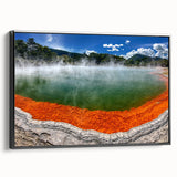 Framed canvas wall art featuring a serene hot spring landscape design, showcasing calming colors of blue and green, set against a black frame for modern decor.