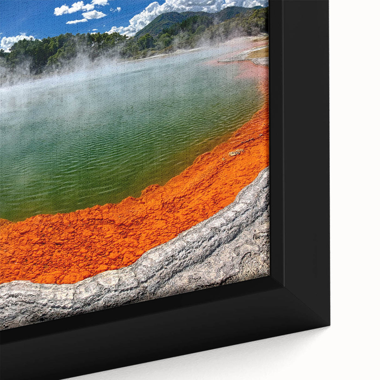 Framed canvas wall art showcasing a serene hot spring landscape, featuring vibrant greens and blues, designed to enhance any modern decor. Ideal for nature lovers.