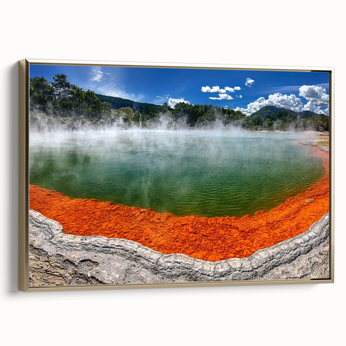 Framed canvas wall art showcasing a serene hot spring landscape, featuring gold accents and a tranquil color palette, perfect for enhancing home decor.