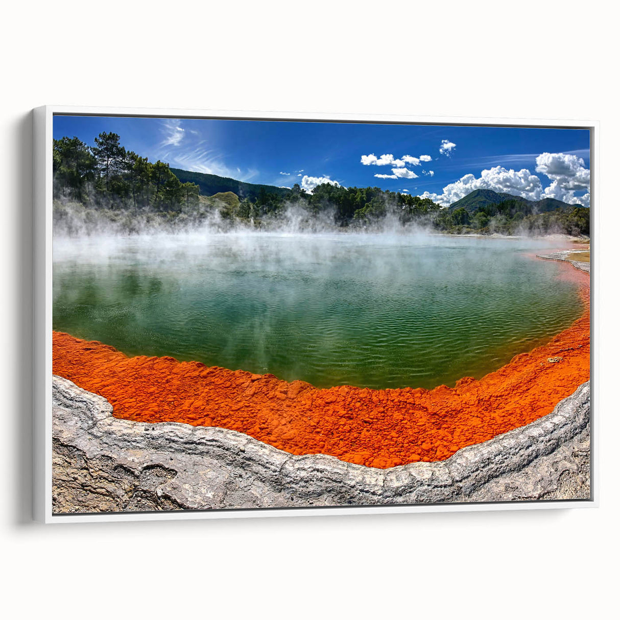 Framed canvas wall art showcasing a serene hot spring landscape design, featuring vibrant colors and intricate details, perfect for home decor enhancement.