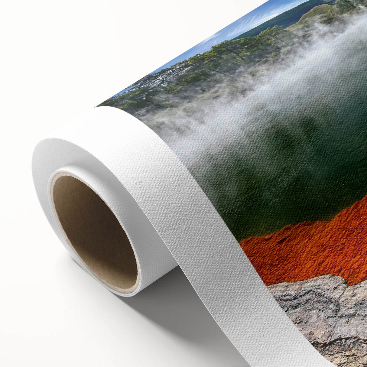 Rolled canvas wall art showcasing a serene hot spring landscape design, featuring vibrant colors and intricate details, perfect for home decor enhancement.