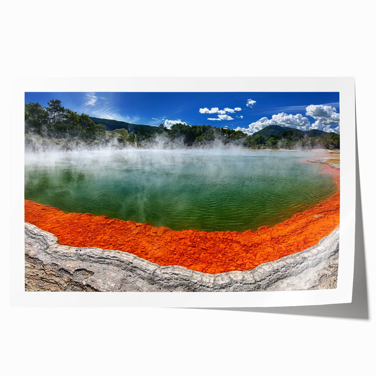 Vibrant rolled canvas print showcasing a serene hot spring landscape, featuring lush greenery and tranquil water, perfect for enhancing home décor.
