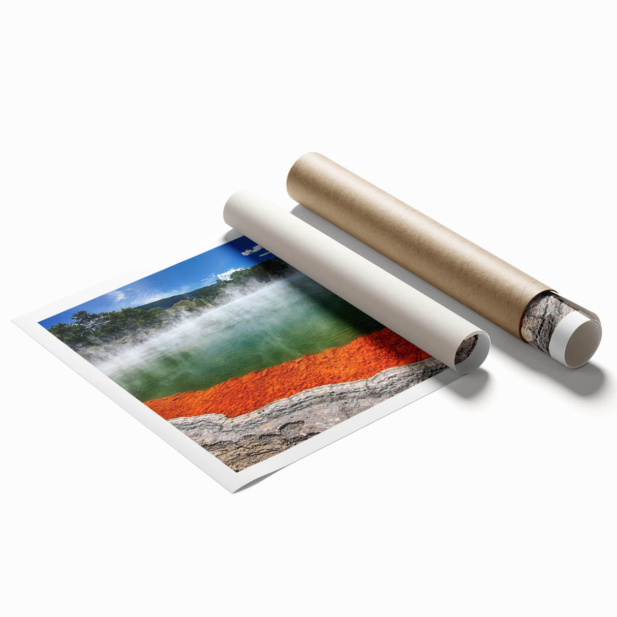 Vibrant rolled print showcasing a serene hot spring landscape design, featuring lush greenery and soothing water tones, ideal for home decor enhancement.