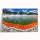 Stretched canvas wall art showcasing a serene hot spring landscape design, featuring vibrant green foliage and tranquil blue waters, perfect for home decor.