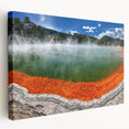 Stretched canvas wall art featuring a serene hot spring landscape design, showcasing vibrant colors and intricate details, ideal for home decor and relaxation themes.