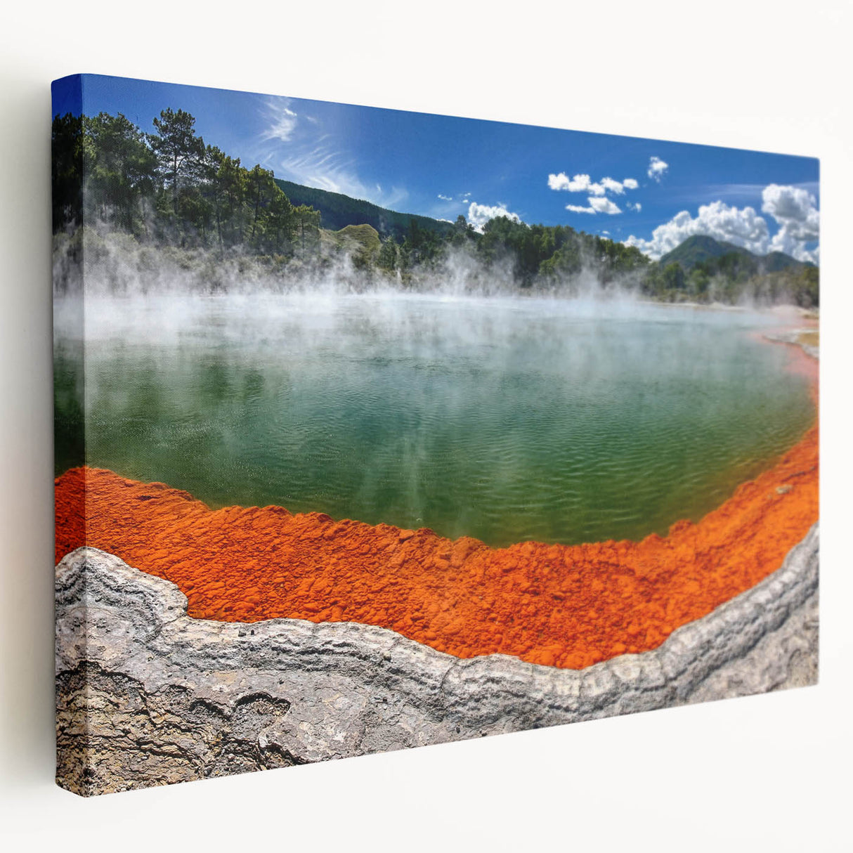 Stretched canvas wall art featuring a serene hot spring landscape design, showcasing vibrant colors and intricate details, ideal for home decor and relaxation themes.