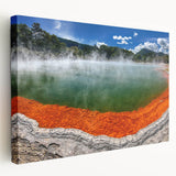 Stretched canvas wall art featuring a serene hot spring landscape design, showcasing vibrant colors and intricate details, ideal for home decor and relaxation themes.
