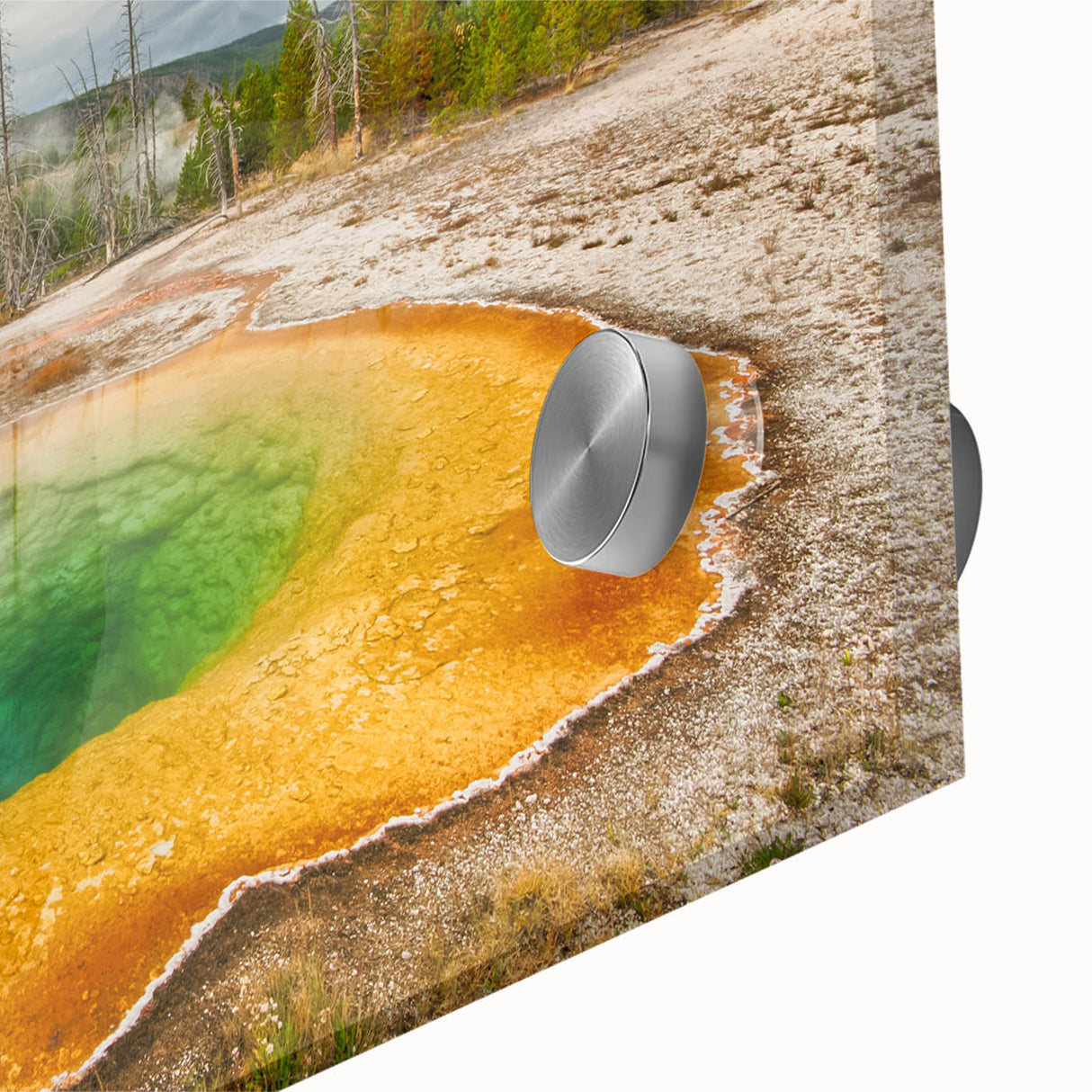 Close-up of a vibrant acrylic glass wall art piece showcasing a serene hot spring landscape, with lush greenery and tranquil water, perfect for home decor.