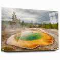Acrylic glass wall art showcasing a vibrant hot spring landscape design, displayed from the side with pins for mounting, perfect for modern home decor.