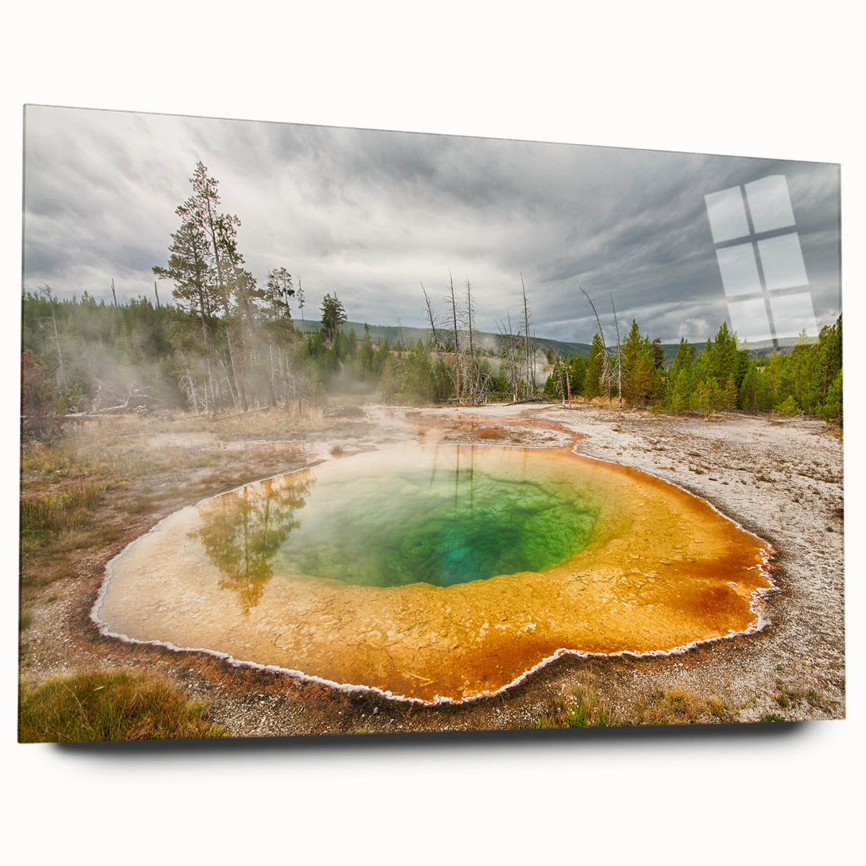 Acrylic glass wall art collection showcasing a serene hot spring landscape design with vibrant colors, elegantly displayed from a side view, perfect for home decor.