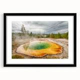 Black-framed wall art collection featuring serene hot spring landscapes, showcasing vibrant colors and intricate details, perfect for home decor enhancement.