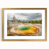 Framed wall art featuring a serene hot spring landscape design with a gold mat, highlighting vibrant colors and intricate details, perfect for home decor.