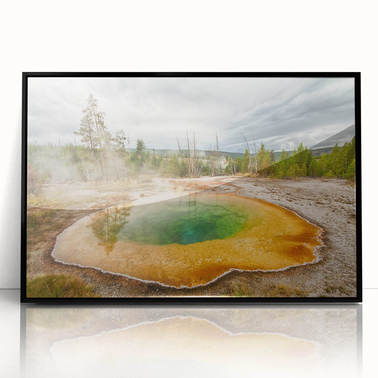 Framed acrylic wall art featuring a serene hot spring landscape design, showcasing vibrant colors and intricate details, perfect for enhancing home decor.