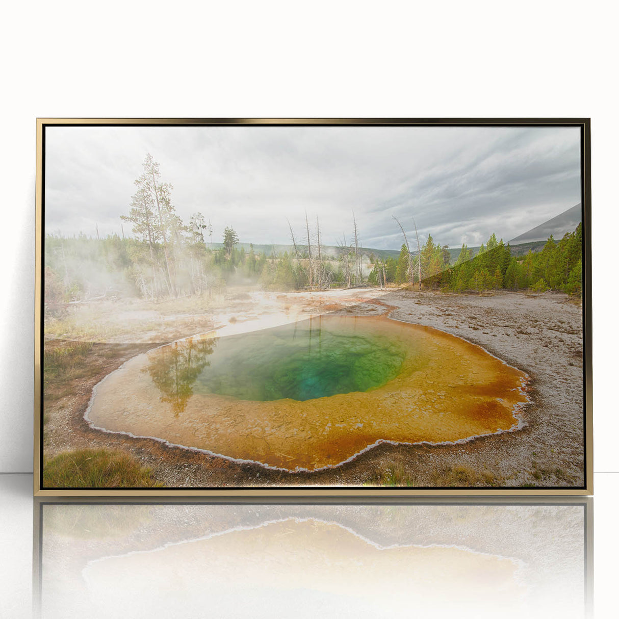 Framed acrylic wall art featuring a serene hot spring landscape design, accented with gold trim, ideal for enhancing home decor and creating a calming atmosphere.