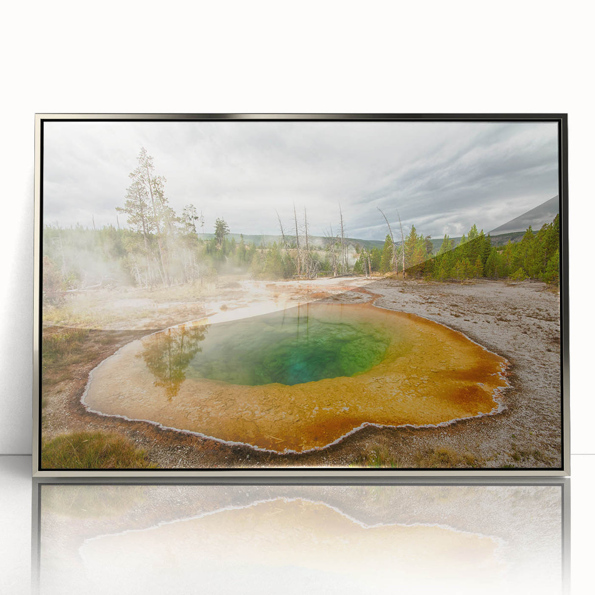 Framed acrylic wall art showcasing a serene hot spring landscape with vibrant colors, perfect for enhancing home decor and adding tranquility to any space.