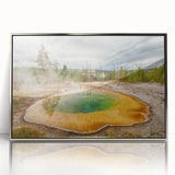 Framed acrylic wall art showcasing a serene hot spring landscape with vibrant colors, perfect for enhancing home decor and adding tranquility to any space.