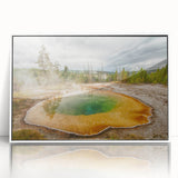 Framed wall art featuring a serene hot spring landscape design, with vibrant colors and a white frame, perfect for home or office decor. Ideal for nature enthusiasts.