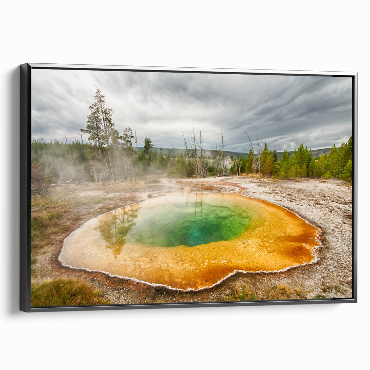 Framed canvas wall art showcasing a serene hot spring landscape design, featuring vibrant colors and intricate details, ideal for home décor enhancement.